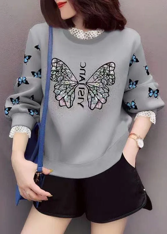 Gorgeous Feather Design Trendy Grey Lace Patchwork Print Casual Fall Sweatshirt Street wear