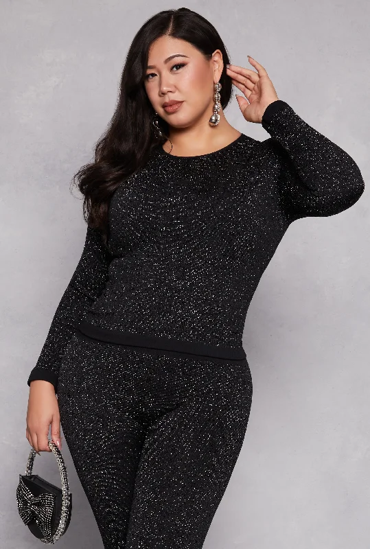 Sports Vitality Style Plus Size Lurex Seamless Ribbed Long Sleeve Top