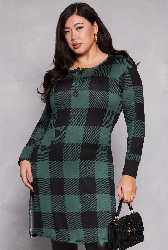 Romantic Off-Shoulder Style Plus Size Buffalo Plaid Henley Tunic Top