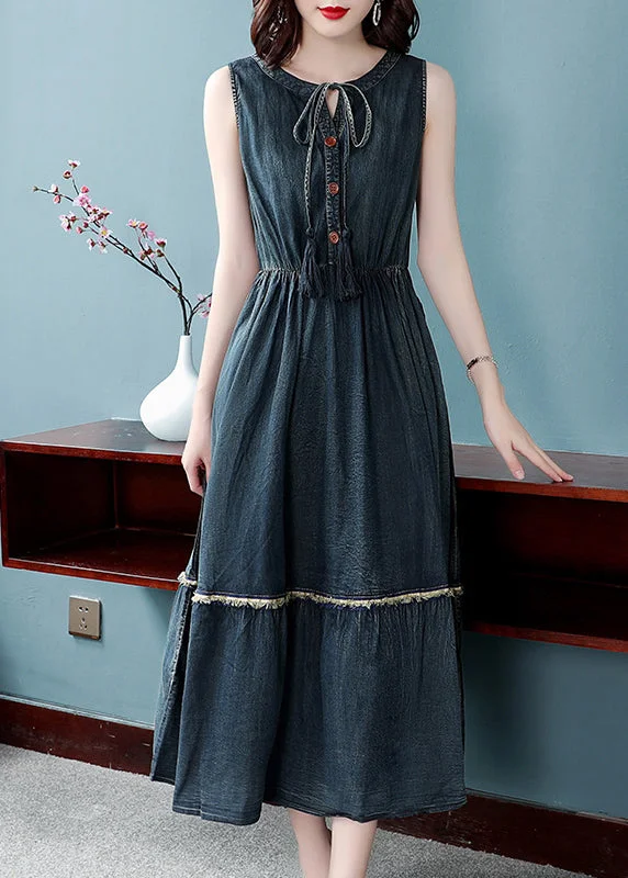 Rock Short Style Boutique Denim Blue O-Neck Lace Up Button Cotton Cinch Dresses Sleeveless