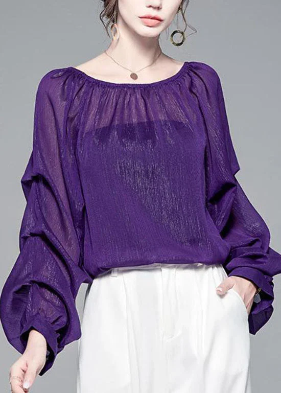 Sports Fitness Shoes Style Purple wrinkled Slash neck Chiffon Tops Puff Sleeve