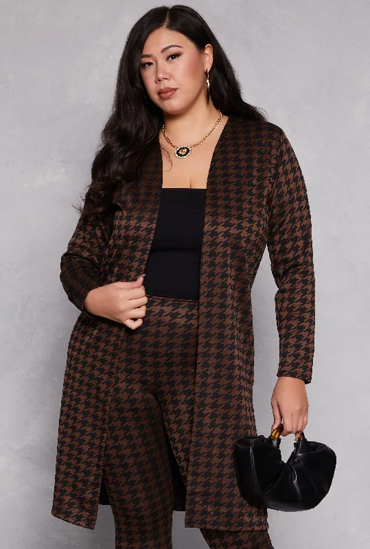 Gorgeous Crystal Design Plus Size Houndstooth Duster