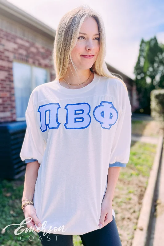 Elegant And Sweet Style Pi Phi White and Blue Greek Letter Jersey