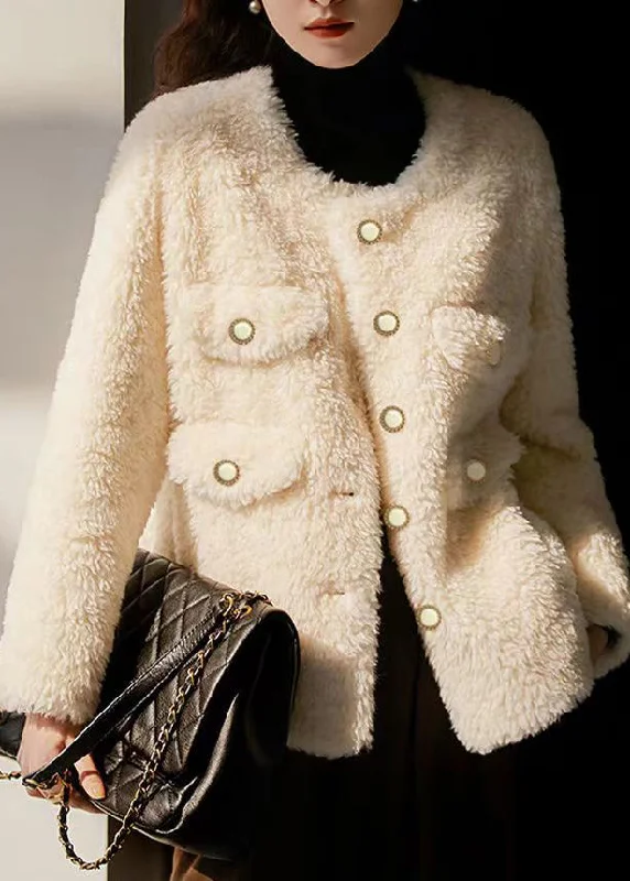 Simple Daily Wear Italian Beige O Neck Pockets Button Patchwork Wool Coats Winter