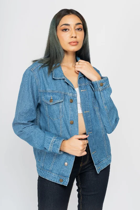 Gorgeous Crystal Design Mid-Blue Denim Trucker Jacket