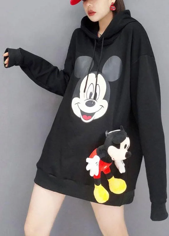 Sports High Waist Style Unique Black hooded Print Fall Sweatshirts Top