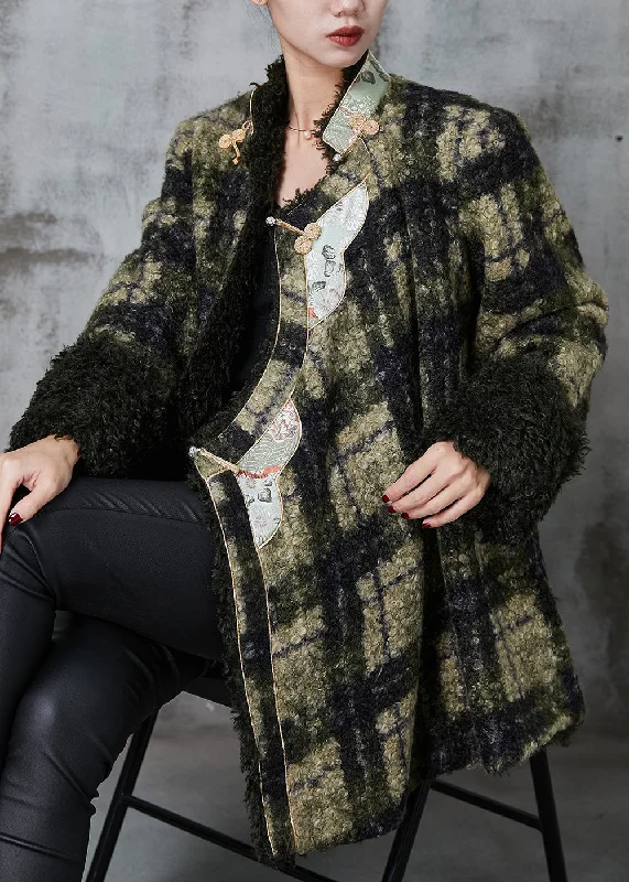 Gorgeous Print Style Boutique Green Plaid Oriental Faux Fur Jacket Spring