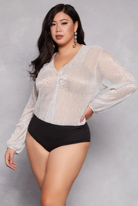 Sports Outdoor Style Plus Size Lurex Surplice Bubble Sleeve Bodysuit