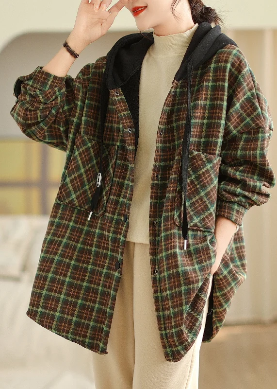 Elegant Long Skirt Green Pockets Plaid Loose Warm Fleece Jacket Hooded Winter