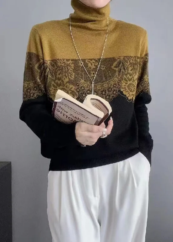 Elegant High Waist Style Classy Yellow Turtleneck Patchwork Wool Knit Sweaters Fall