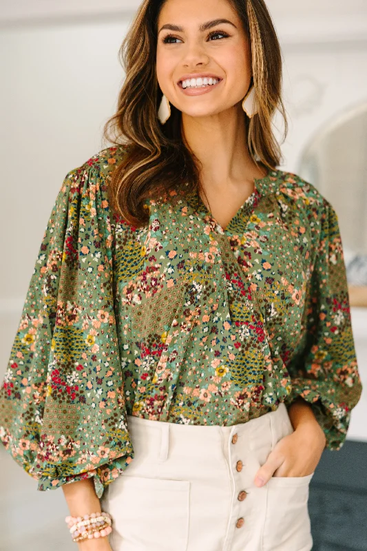 Romantic Wave Skirt Places To Go Olive Green Ditsy Floral Blouse