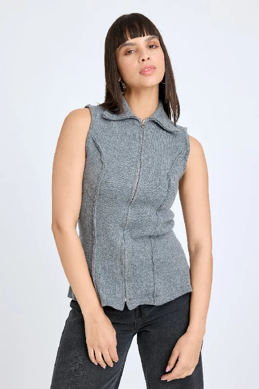 Romantic Floral Design Grey Sleeveless Collared Jacket