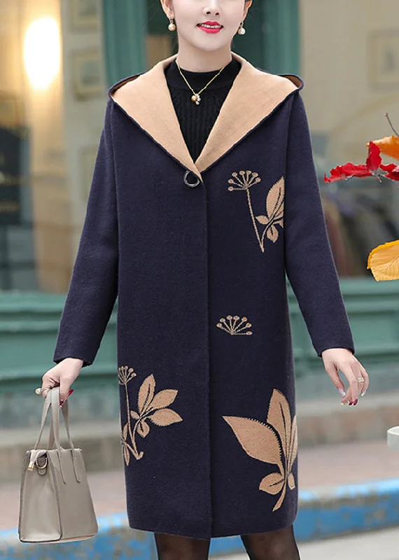 Simple And Generous Style Women Navy Jacquard Zircon Hooded Woolen Coat Spring