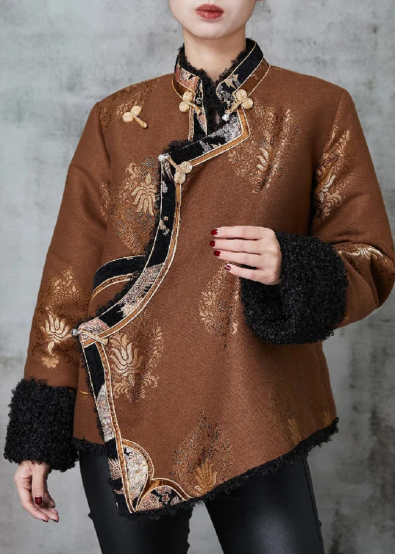 Minimalism Coffee Jacquard Warm Fleece Coats Chinese Button Spring