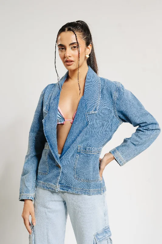 Rock Rivet Design Single Breasted Denim Blazer