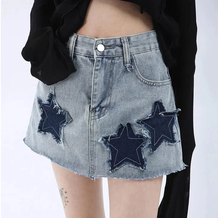 Simple Fashion High Waist Star Patched Denim Mini Skirt