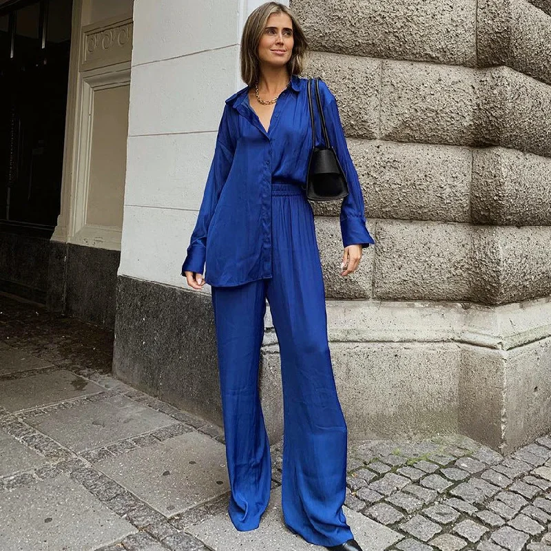 Elegant And Noble Style Casual Blue Two Pieces Long Sleeves Shirts and Pants Suits