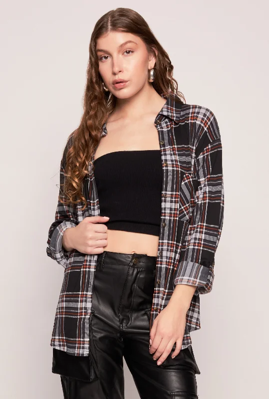 Rock Leggings Plaid Button Front Tabbed Sleeve Shirt