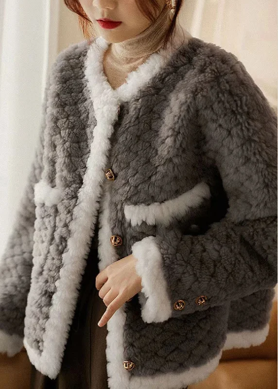 Line Style Beautiful Grey O Neck Pockets Patchwork Wool Coat Winter