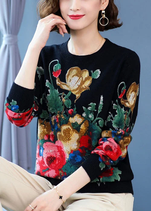 Romantic Princess Skirt Women Black O Neck Print Wool Knit Sweater Long Sleeve