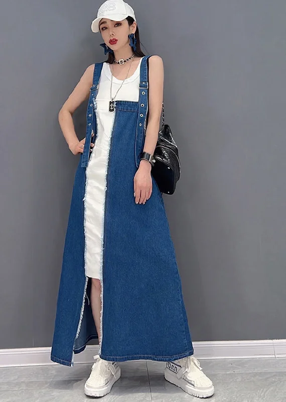 Romantic Floral Design Beautiful Denim Blue Asymmetrical Design Patchwork Cotton Fake Two Piece Strap Dress Summer