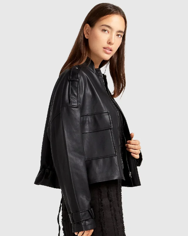 Elegant Lapel Style Reload Draped Leather Look Jacket - Black