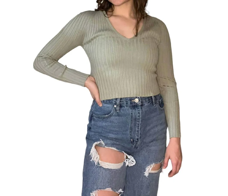 Rock Short Design V Neck Long Sleeve Ribbed Sweater In Green