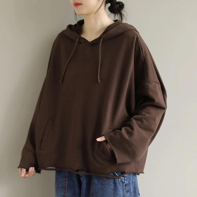 Elegant Slim Style Unique Chocolate Crane Tops Hooded Hole Short Spring Blouse