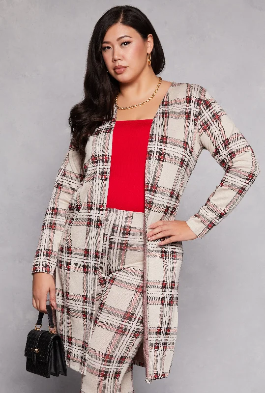 Gorgeous Shining Design Plus Size Plaid Side Slit Duster