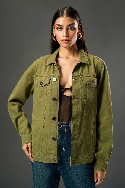 Elegant And Unique Charm Olive Revive Denim Trucker Jacket