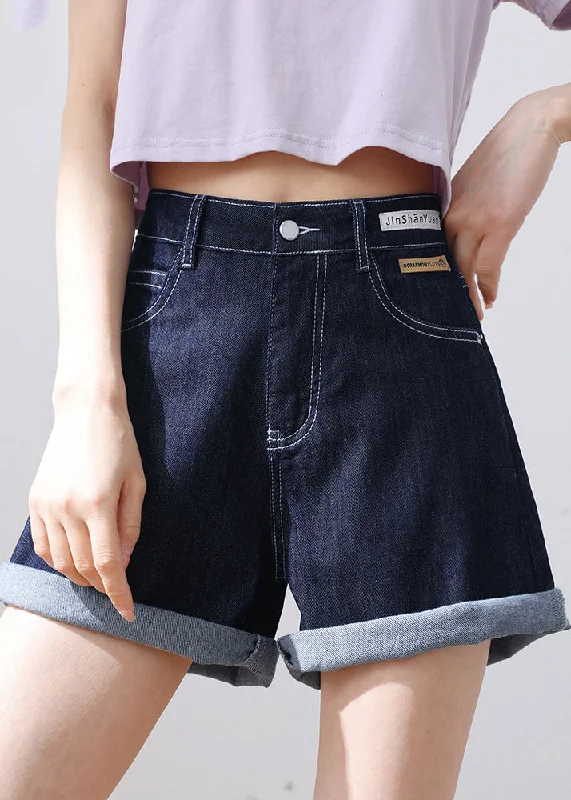 Rock Prints Classy Navy High Waist Pockets Applique Cotton Denim Shorts Summer