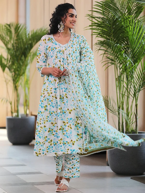 Rock Ripped Design Off White Printed Cotton A-Line Kurta With Palazzos & Dupatta