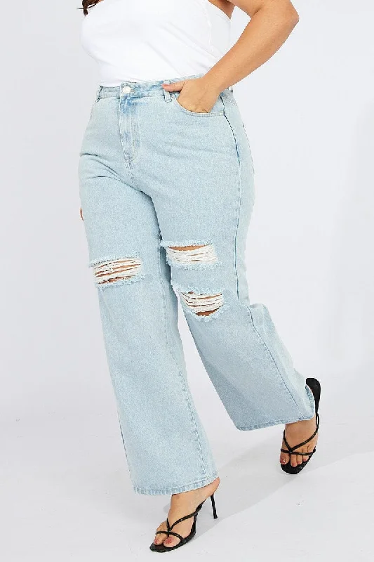 Gorgeous Crystal Design Denim Wide Leg Jeans High Rise Distressed