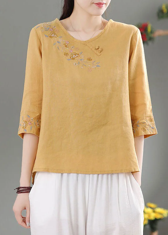 Gorgeous Glitter Feeling Style Yellow O-Neck Embroideried Linen Top Three Quarter sleeve