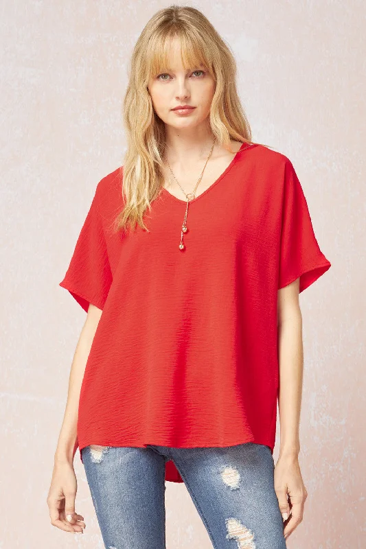 Gorgeous Long Skirt Solid V-Neck Top, Red