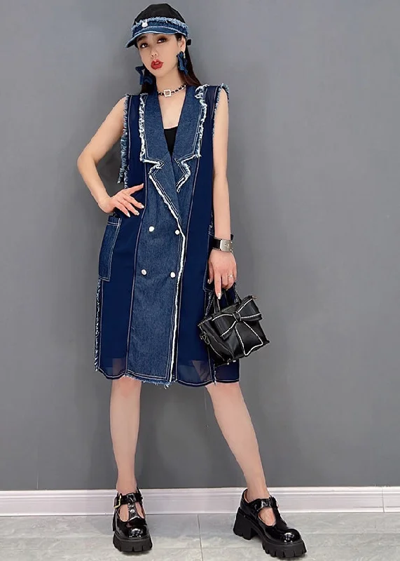 Gorgeous Deep V Skirt Simple Denim Blue Peter Pan Collar Tassel Patchwork Chiffon Mid Dresses Sleeveless