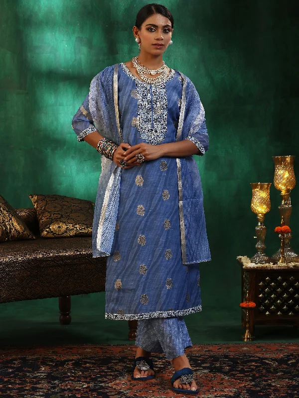 Casual Casual Style Blue Printed Silk Blend Straight Suit With Dupatta