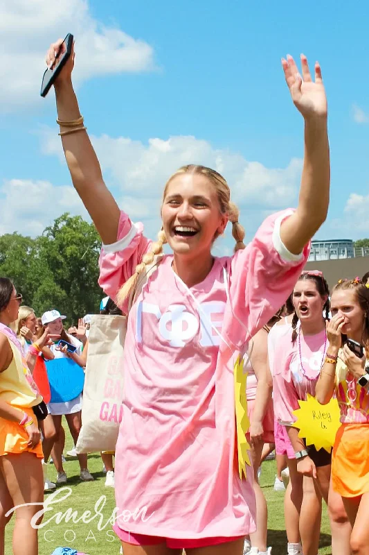 Sports Zipper Style Gamma Phi Beta Custom Pink Oversized Letter Jerseys