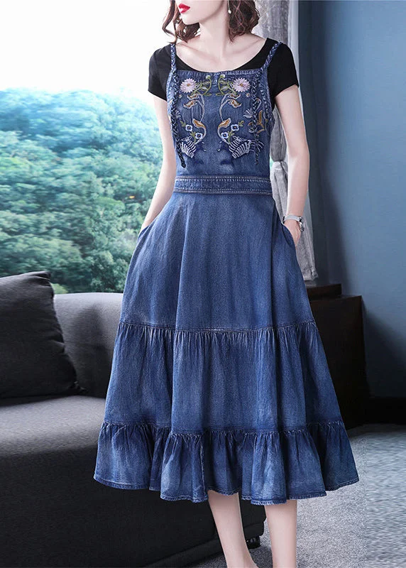 Casual Comfort Italian Blue Embroideried Zippered Ruffles Cotton Denim Spaghetti Strap Dress Summer