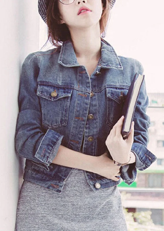 Casual Basic Style Modern Light Blue Peter Pan Collar Pockets Cotton Denim Coats Spring