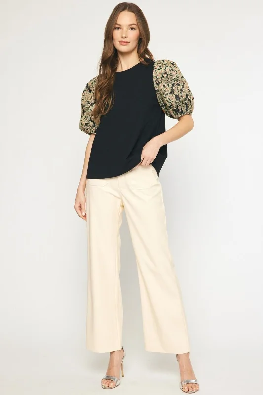 Simple Versatile Style Floral Jacquard Sleeve Top