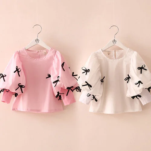 Gorgeous Shining Design Spring Bow Children'S Girls Clothing Lantern Sleeve Shirt Long-Sleeve Shirt Tops