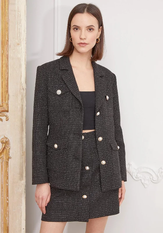 Casual Matching Style Jovonna Auchel Pearl Accent Tweed Jacket, Black