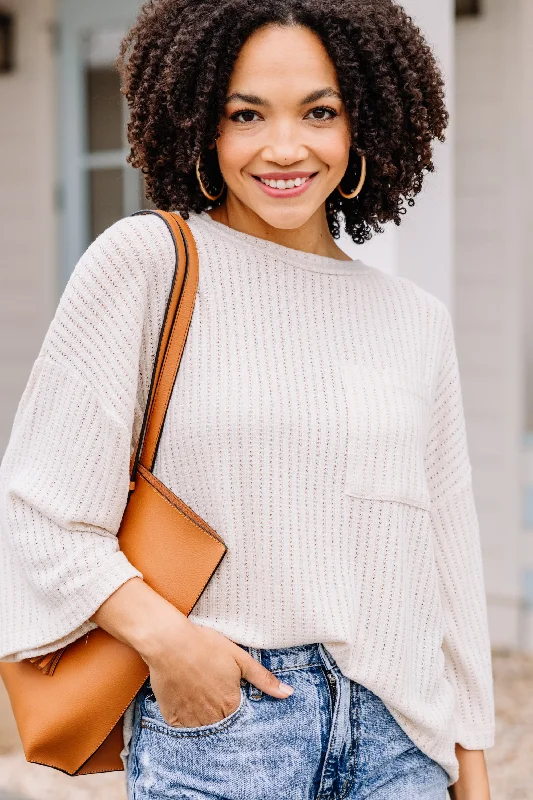 Casual Denim Style Stay In Line Beige Waffle Top