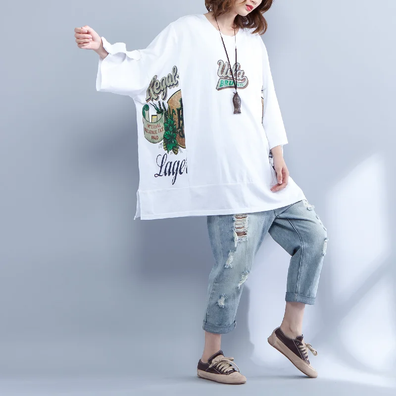 Rock Detail Design stylish white cotton waist coat plus size cotton maxi t shirts vintage print side open alf sleeve baggy tops cotton shirts