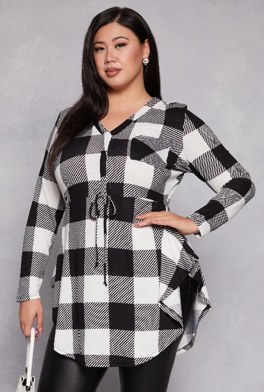 Romantic Off-Shoulder Style Plus Size Plaid V Neck Tunic Top