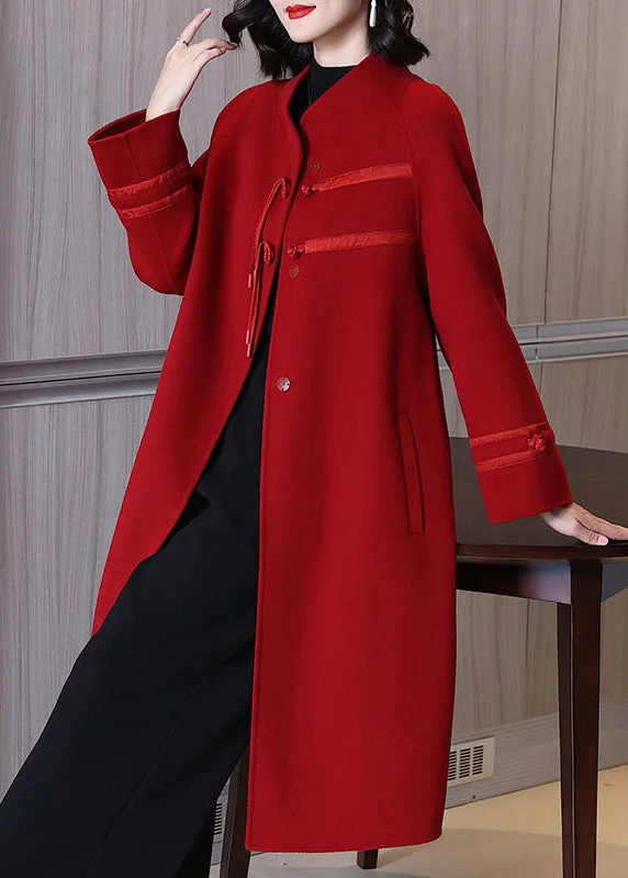 Elegant And Unique Charm Top Quality Red Stand Collar Button Pockets Woolen Coats Spring