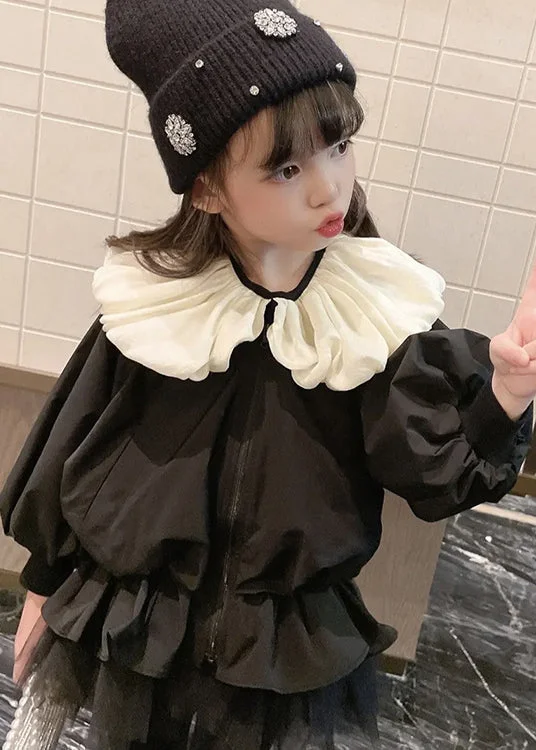 Romantic Pastoral Style Stylish Black Wrinkled Tulle Patchwork Cotton Girls Coats Puff Sleeve