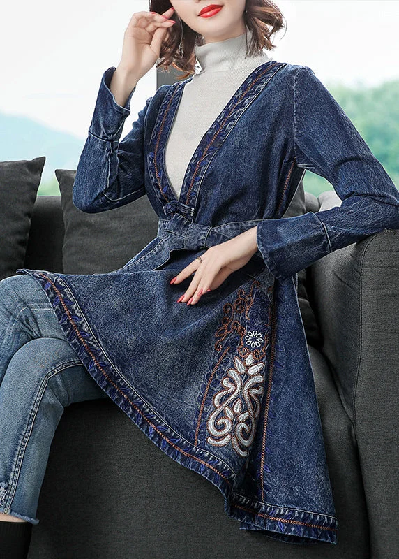 Casual Shopping Stylish Blue V Neck Embroideried Tie Waist Cotton Denim Trench Coats Long Sleeve