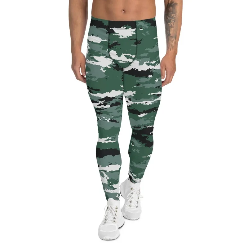 Rock Punk Style Earth Green Camo Men's Leggings - Moisture-Wicking, Quick-Drying, Compression, UPF 38-40 - Ideal for Surfing, MMA, Crossfit, Running